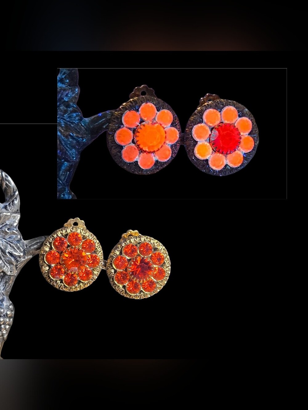 1960s Cadmium Glass Orange Rhinestone Cluster Clip-On Earrings –